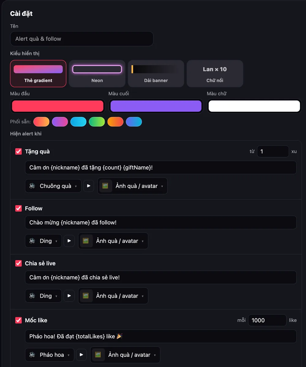 Cài đặt widget Alert: kiểu hiển thị, màu, mục Hiện alert khi với Tặng quà từ 1 xu, Follow, Chia sẻ live, Mốc like mỗi 1000, mỗi dòng có câu chữ, âm thanh và ảnh