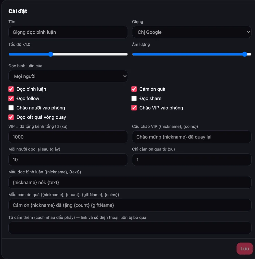 Cài đặt widget Giọng đọc: chọn giọng Chị Google, tốc độ, âm lượng, đọc bình luận của mọi người, cảm ơn quà, chào VIP, mẫu câu đọc và từ cấm