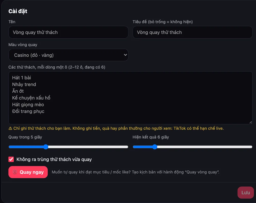 Cài đặt Vòng quay thử thách: màu Casino, mỗi dòng một thử thách, cảnh báo chỉ ghi thử thách cho streamer, thời gian quay, thời gian hiện kết quả, nút Quay ngay