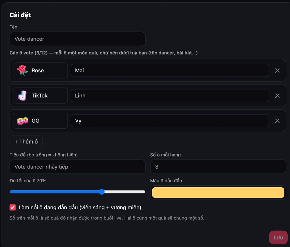 Cài đặt Vote bằng quà: mỗi ô một món quà (Rose, TikTok, GG) và tên dancer (Mai, Linh, Vy), tiêu đề, số ô mỗi hàng, độ tối của ô, màu ô dẫn đầu