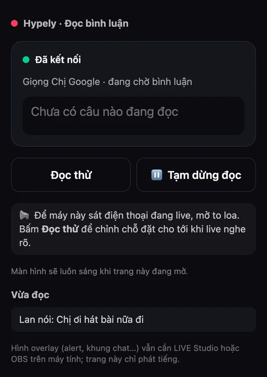Trang đọc to trên điện thoại: Đã kết nối, giọng Chị Google, nút Đọc thử và Tạm dừng đọc, mục Vừa đọc “Lan nói: Chị ơi hát bài nữa đi”
