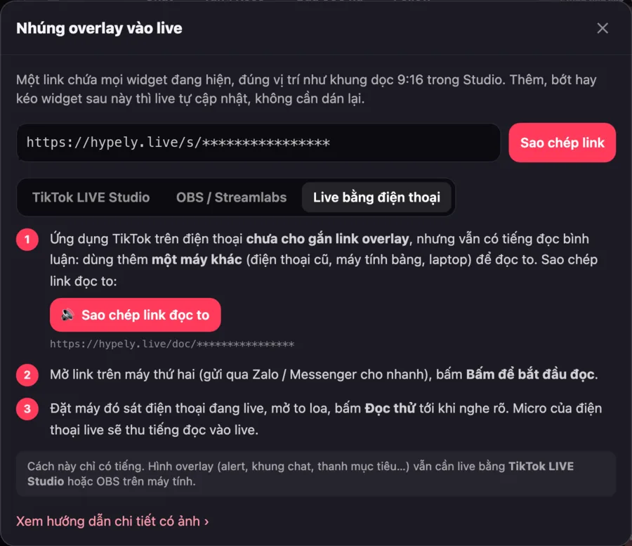 Tab Live bằng điện thoại trong hộp Nhúng vào live: nút Sao chép link đọc to và 3 bước dùng máy thứ hai