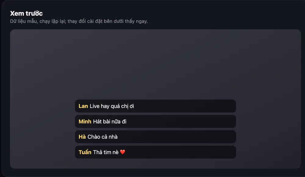 Widget Khung chat hiện bình luận của người xem trên live: Lan, Minh, Hà, Tuấn