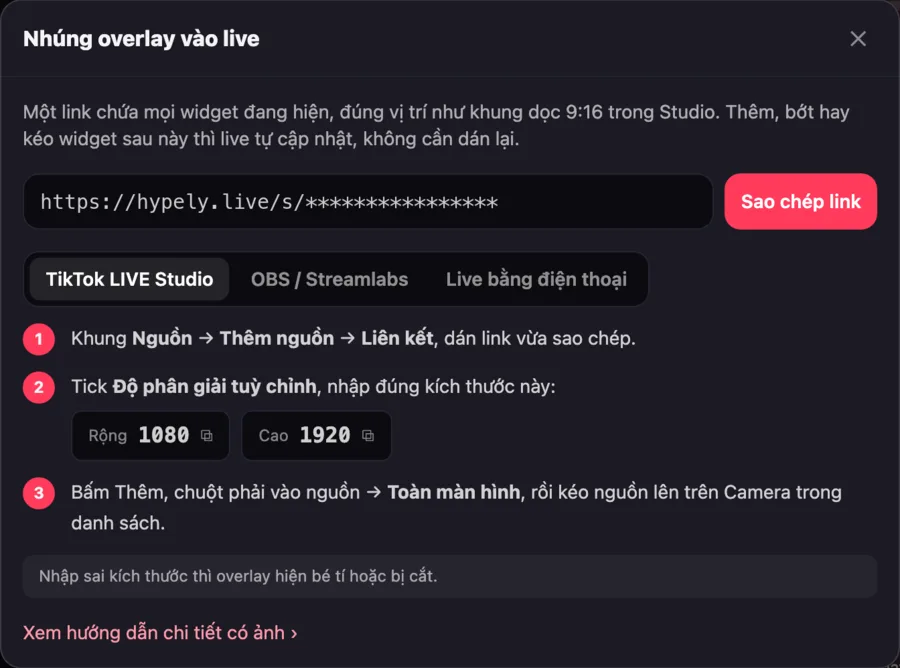 Hộp “Nhúng overlay vào live” trong Studio: link nhúng, nút Sao chép link và hướng dẫn cho TikTok LIVE Studio, OBS, live bằng điện thoại