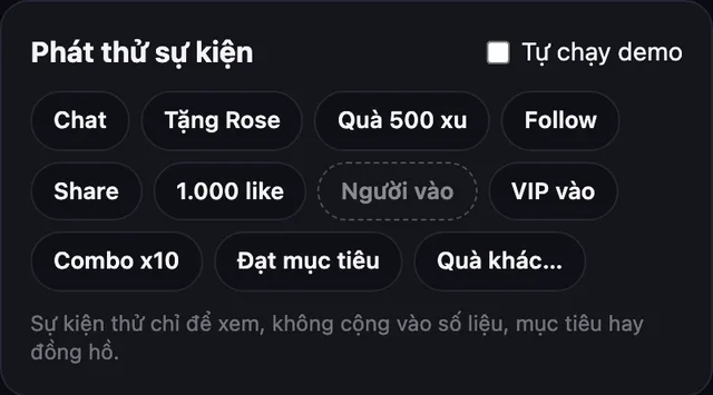 Khối Phát thử sự kiện trong Studio: Chat, Tặng Rose, Quà 500 xu, Follow, Share, 1.000 like, VIP vào, Combo x10, Đạt mục tiêu