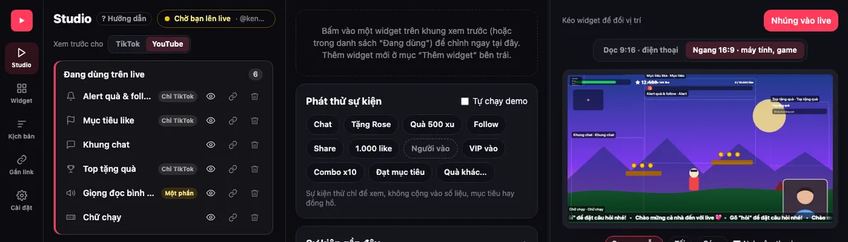 Studio với Xem trước cho YouTube: khung ngang 16:9, widget chỉ có trên TikTok gắn nhãn Chỉ TikTok, giọng đọc gắn nhãn Một phần