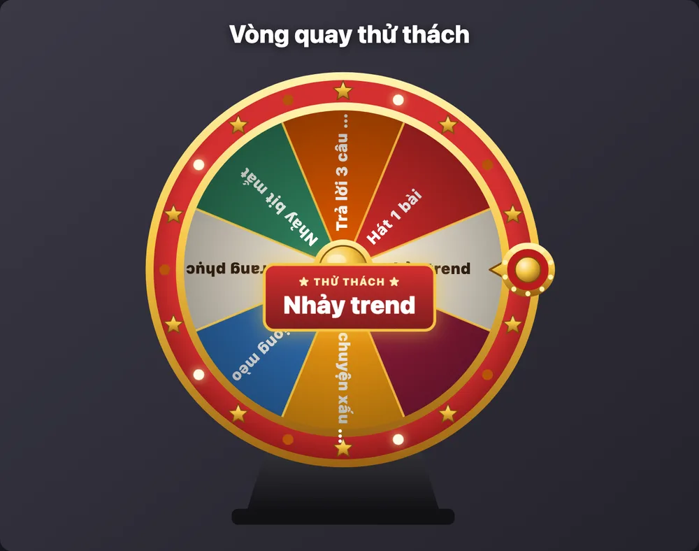 Vòng quay thử thách kiểu casino với 8 ô, kim chỉ bên phải, kết quả “Nhảy trend” ở giữa